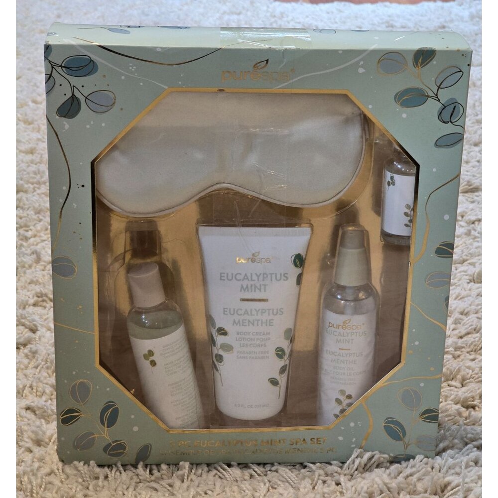 Pure Spa Eucalyptus Mint Spa Gift Set 5pc Body Oil Cream Bubble Bath Sleep Mask